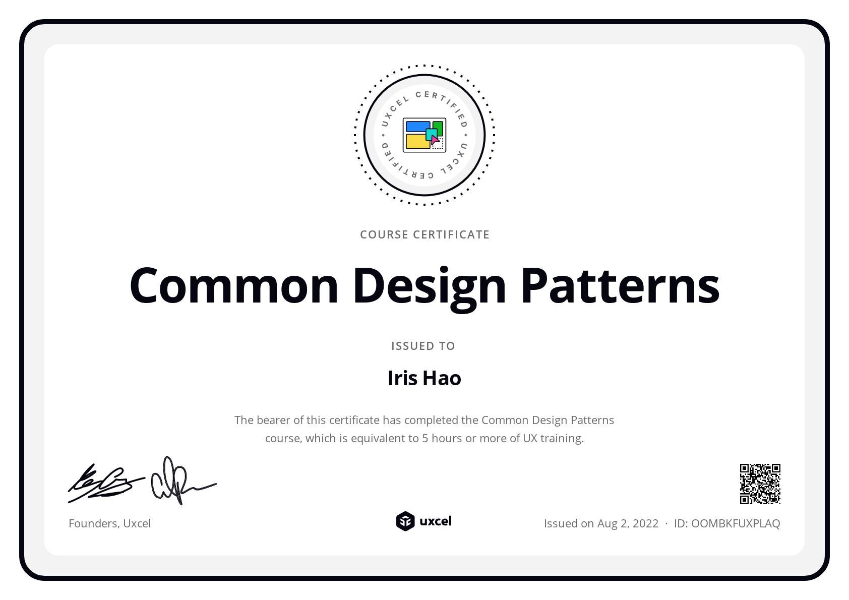 Iris Hao's certificate